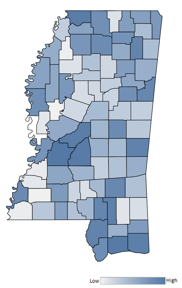Map of Mississippi counties indicating relative number of complaints from low to high. See attached CSV file for complaint data by jurisdiction.