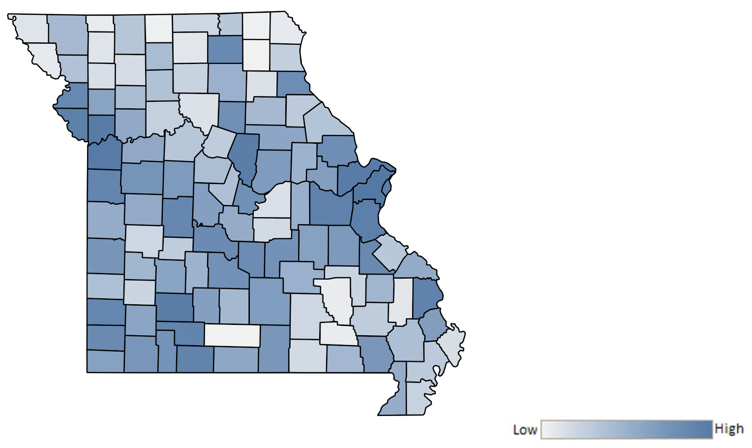 Map of Missouri counties indicating relative number of complaints from low to high. See attached CSV file for complaint data by jurisdiction.