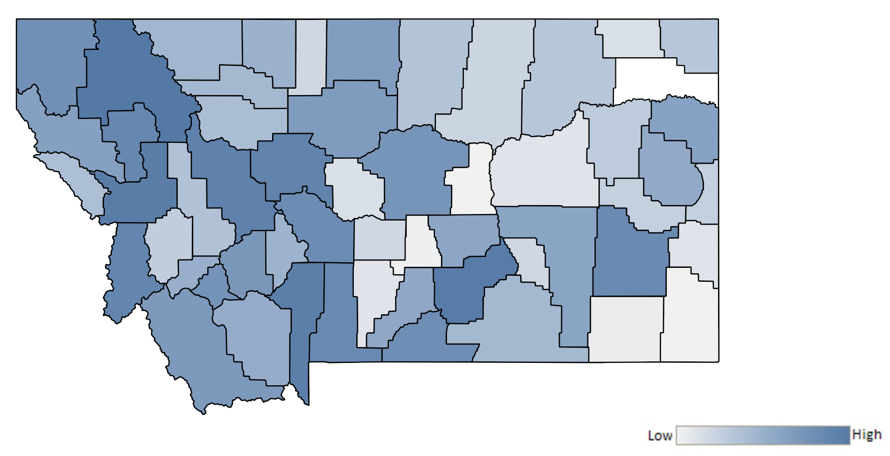 Map of Montana counties indicating relative number of complaints from low to high. See attached CSV file for complaint data by jurisdiction.