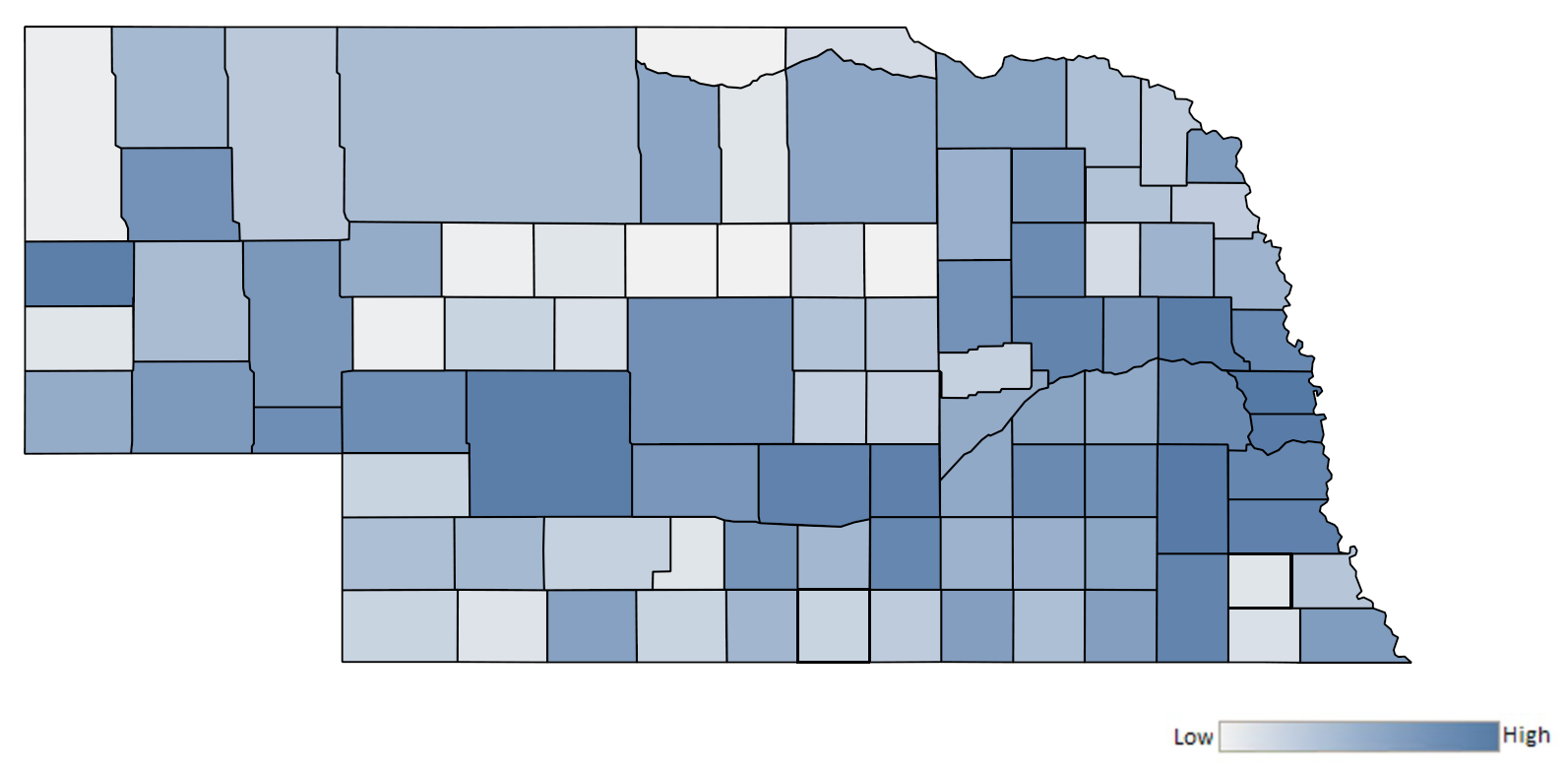 Map of Nebraska counties indicating relative number of complaints from low to high. See attached CSV file for complaint data by jurisdiction.