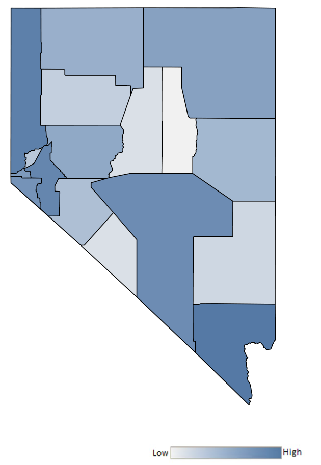 Map of Nevada counties indicating relative number of complaints from low to high. See attached CSV file for complaint data by jurisdiction.