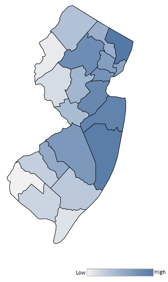 Map of New Jersey counties indicating relative number of complaints from low to high. See attached CSV file for complaint data by jurisdiction.