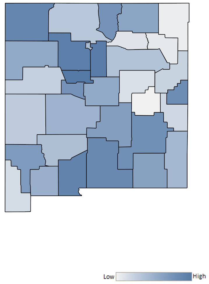 Map of New Mexico counties indicating relative number of complaints from low to high. See attached CSV file for complaint data by jurisdiction.