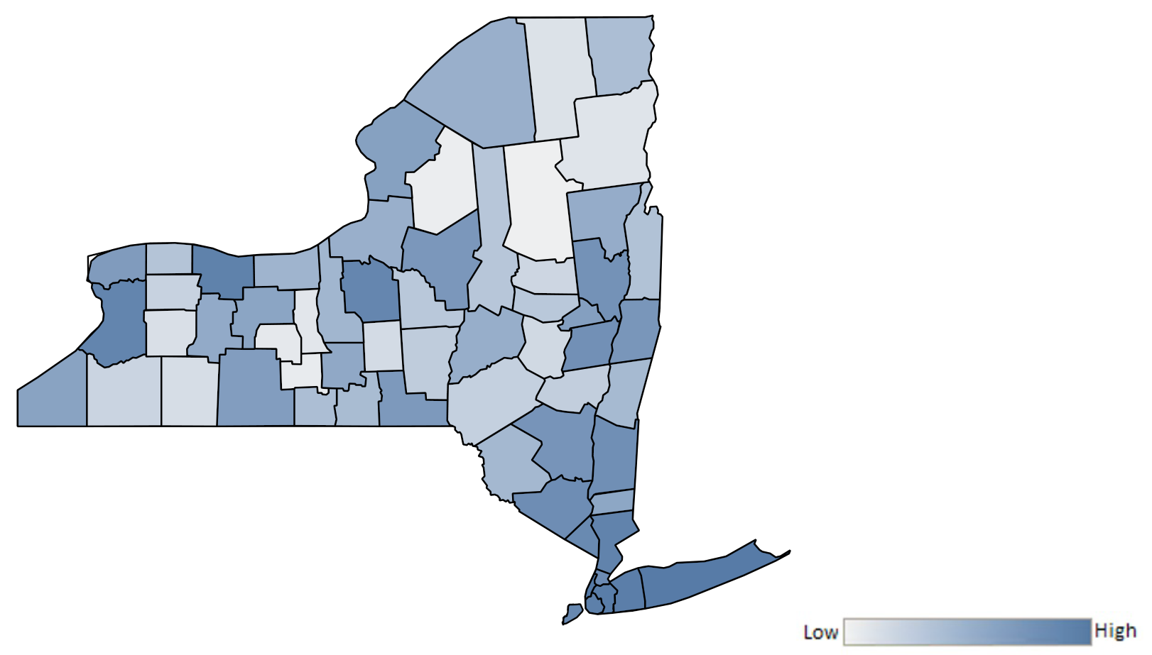 Map of New York counties indicating relative number of complaints from low to high. See attached CSV file for complaint data by jurisdiction.