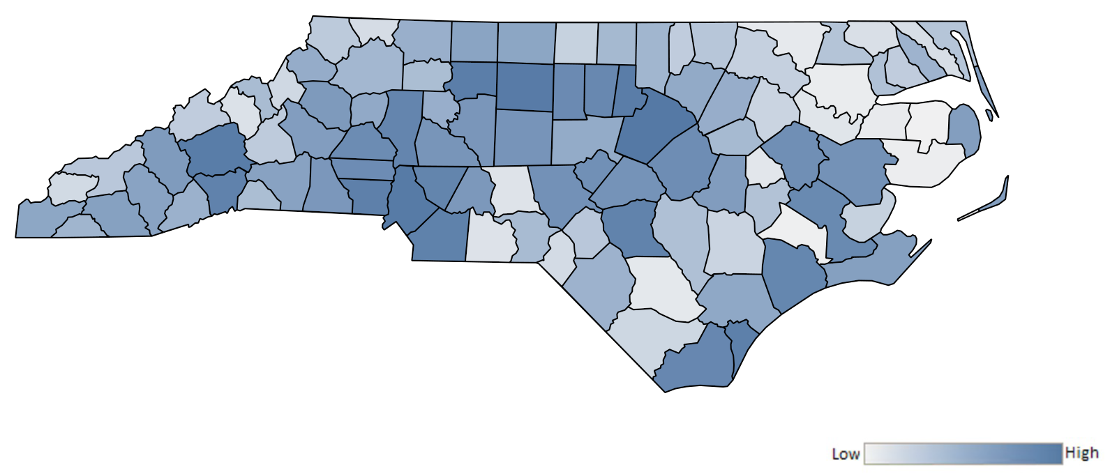 Map of North Carolina counties indicating relative number of complaints from low to high. See attached CSV file for complaint data by jurisdiction.