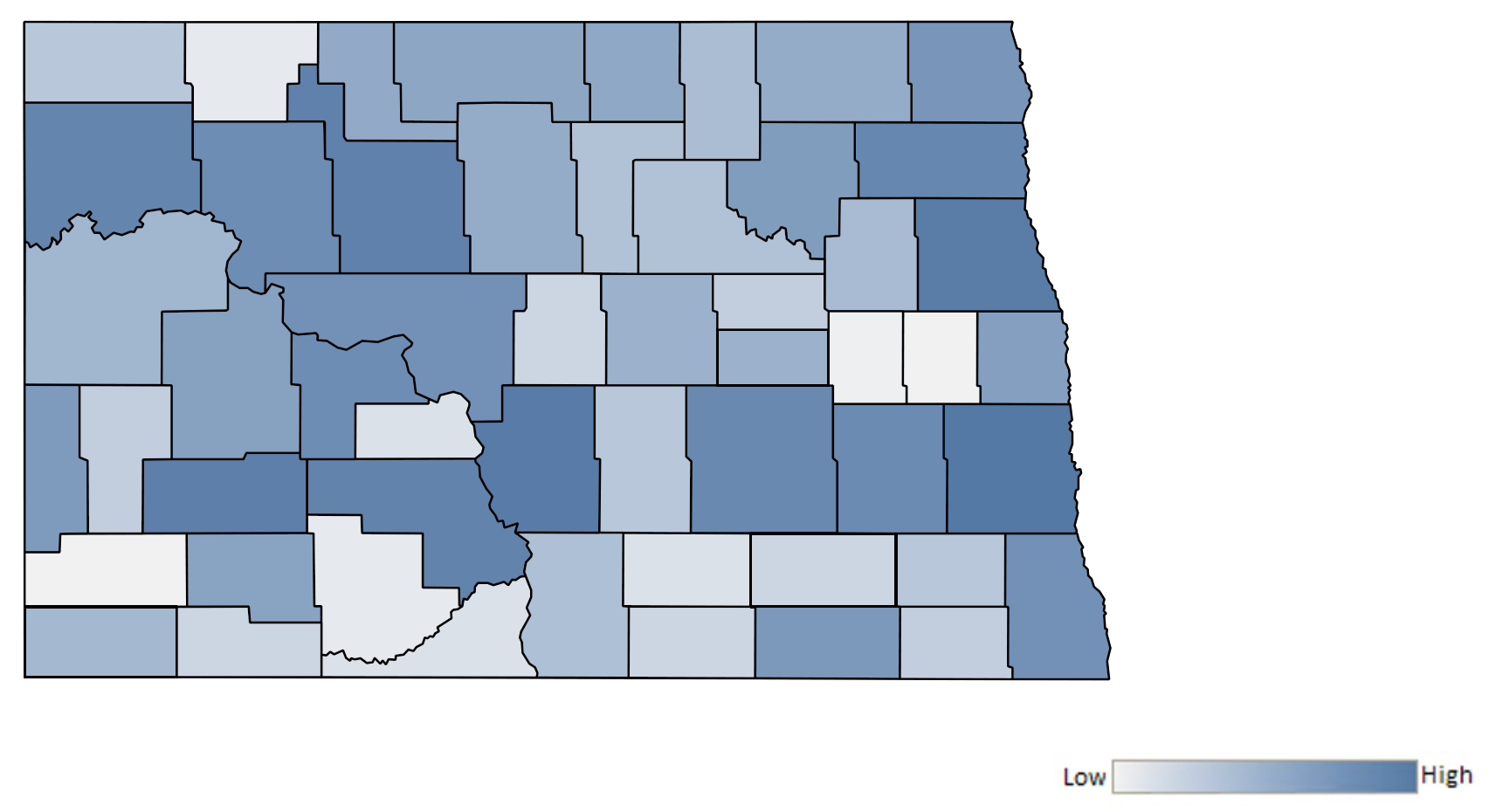 Map of North Dakota counties indicating relative number of complaints from low to high. See attached CSV file for complaint data by jurisdiction.