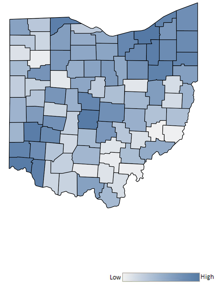 Map of Ohio counties indicating relative number of complaints from low to high. See attached CSV file for complaint data by jurisdiction.