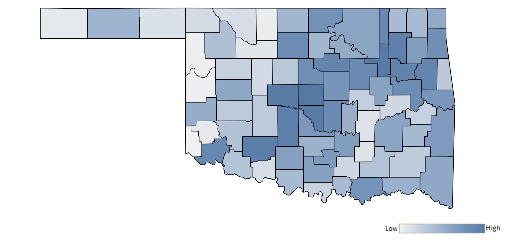 Map of Oklahoma counties indicating relative number of complaints from low to high. See attached CSV file for complaint data by jurisdiction.