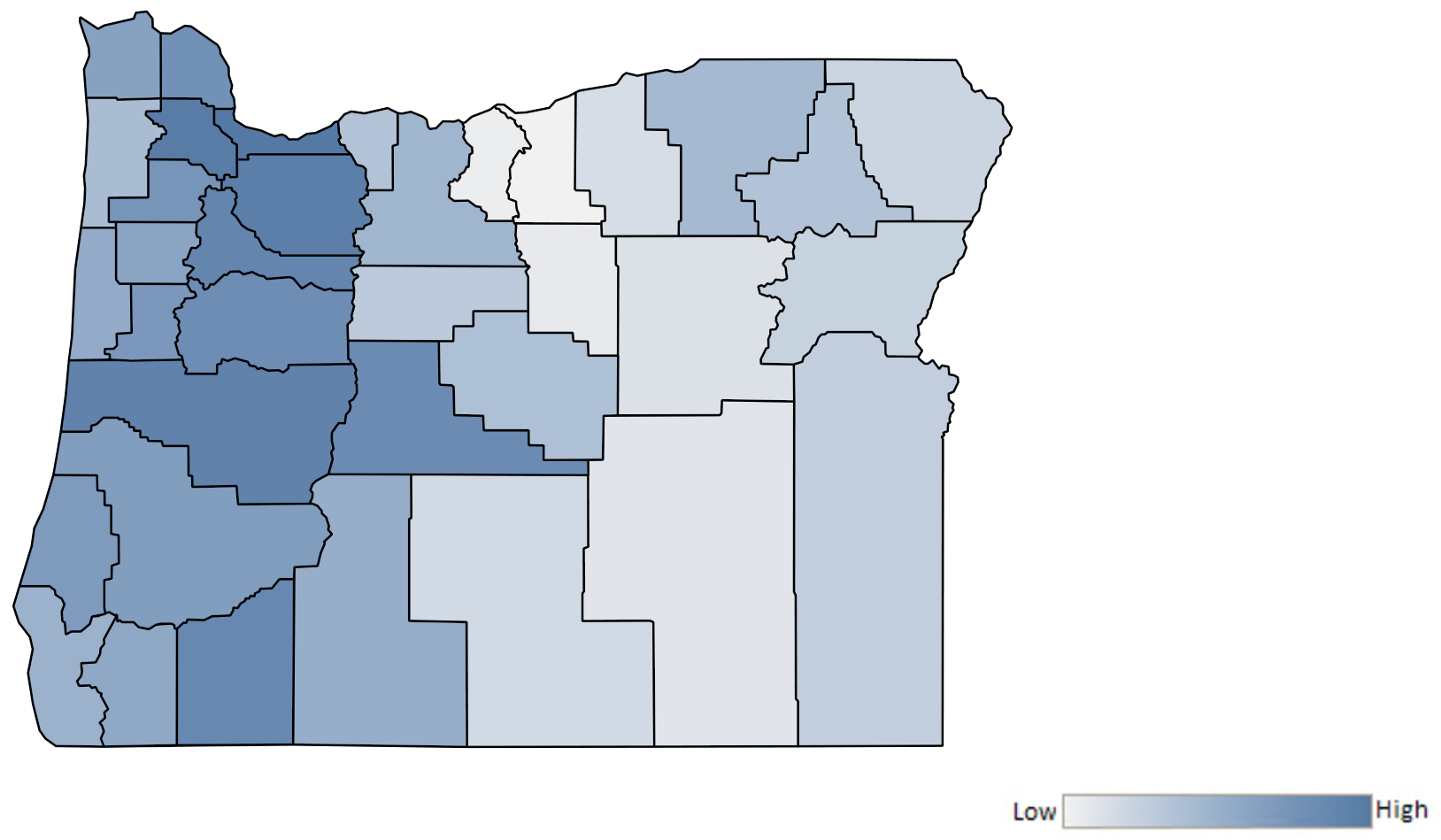 Map of Oregon counties indicating relative number of complaints from low to high. See attached CSV file for complaint data by jurisdiction.