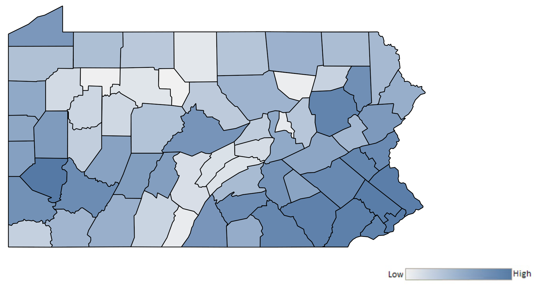 Map of Pennsylvania counties indicating relative number of complaints from low to high. See attached CSV file for complaint data by jurisdiction.