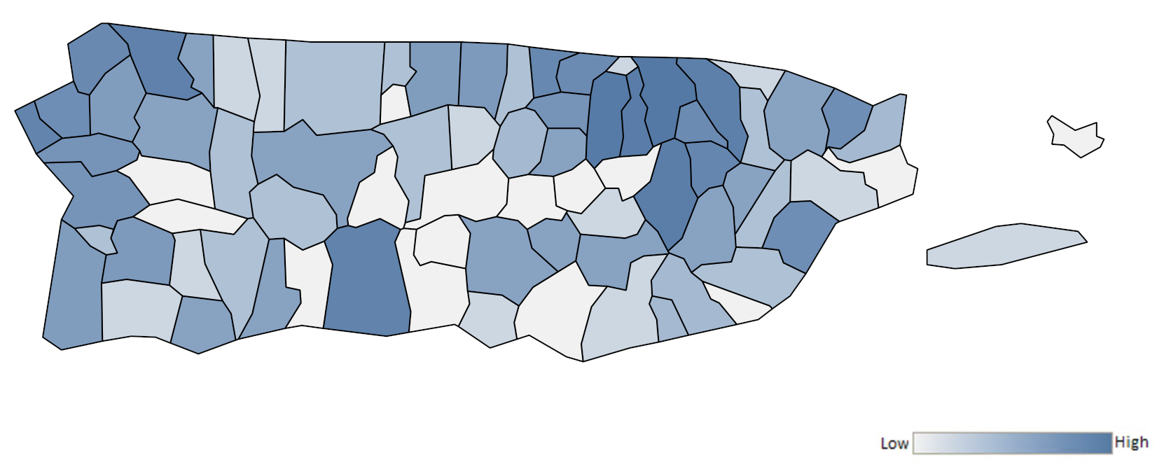 Map of Puerto Rico municipalities indicating relative number of complaints from low to high. See attached CSV file for complaint data by jurisdiction.