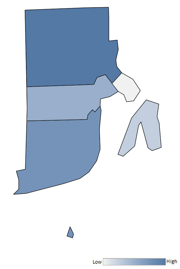 Map of Rhode Island counties indicating relative number of complaints from low to high. See attached CSV file for complaint data by jurisdiction.