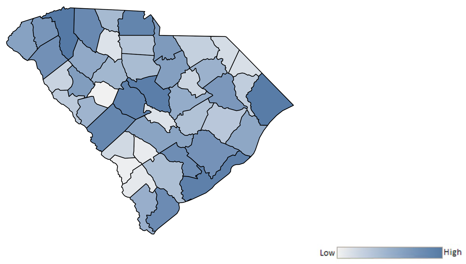 Map of South Carolina counties indicating relative number of complaints from low to high. See attached CSV file for complaint data by jurisdiction.