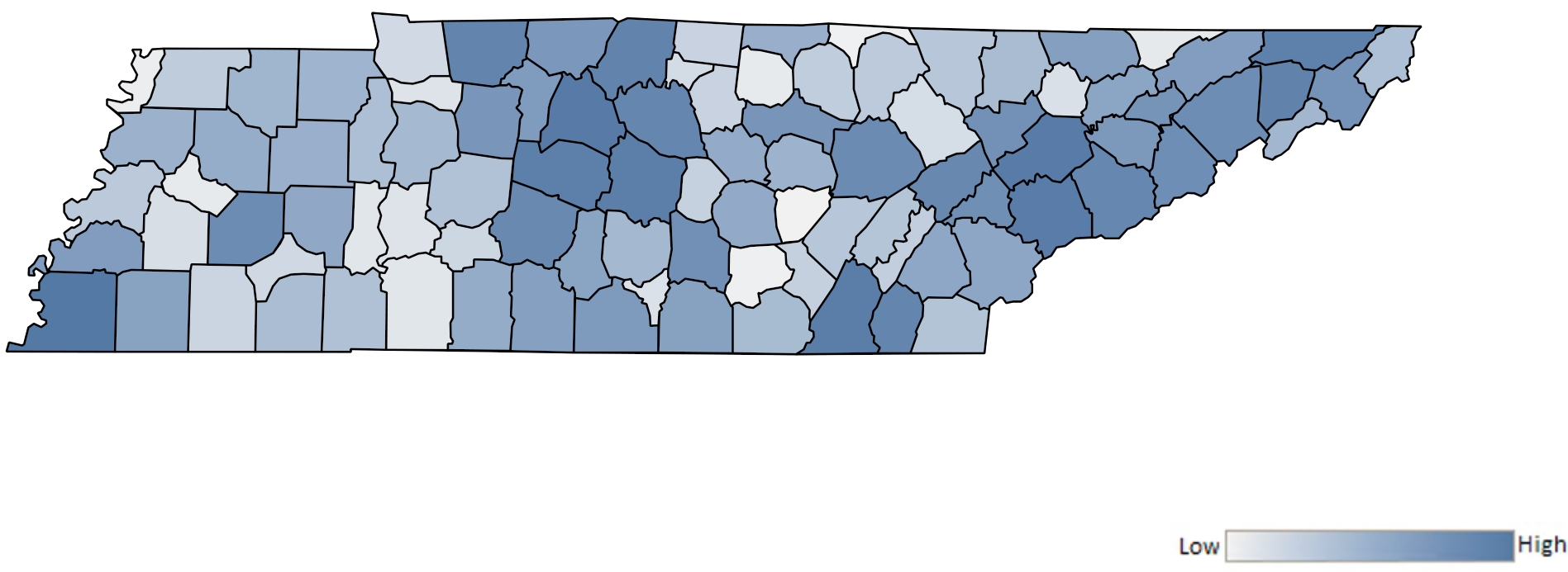 Map of Tennessee counties indicating relative number of complaints from low to high. See attached CSV file for complaint data by jurisdiction.