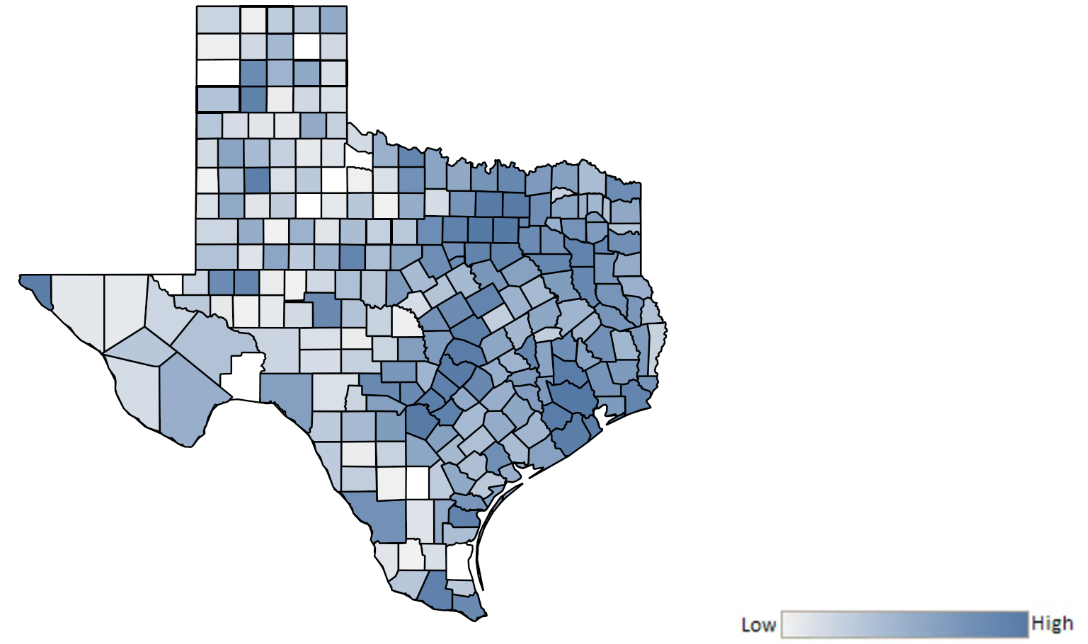 Map of Texas counties indicating relative number of complaints from low to high. See attached CSV file for complaint data by jurisdiction.