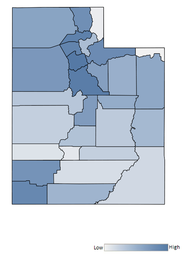 Map of Utah counties indicating relative number of complaints from low to high. See attached CSV file for complaint data by jurisdiction.