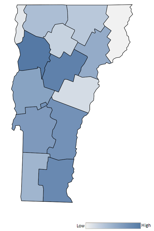 Map of Vermont counties indicating relative number of complaints from low to high. See attached CSV file for complaint data by jurisdiction.