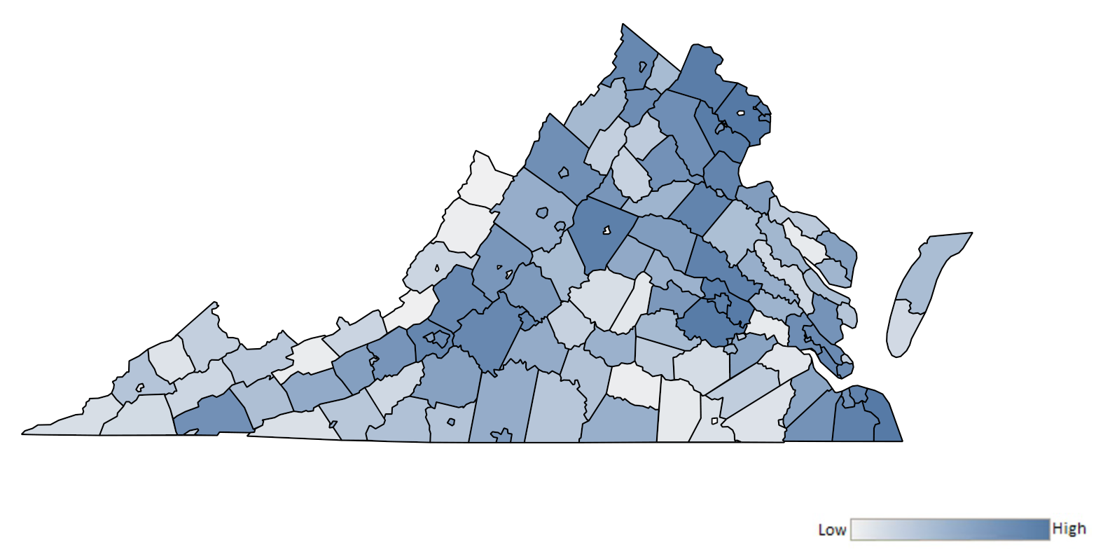 Map of Virginia counties indicating relative number of complaints from low to high. See attached CSV file for complaint data by jurisdiction.