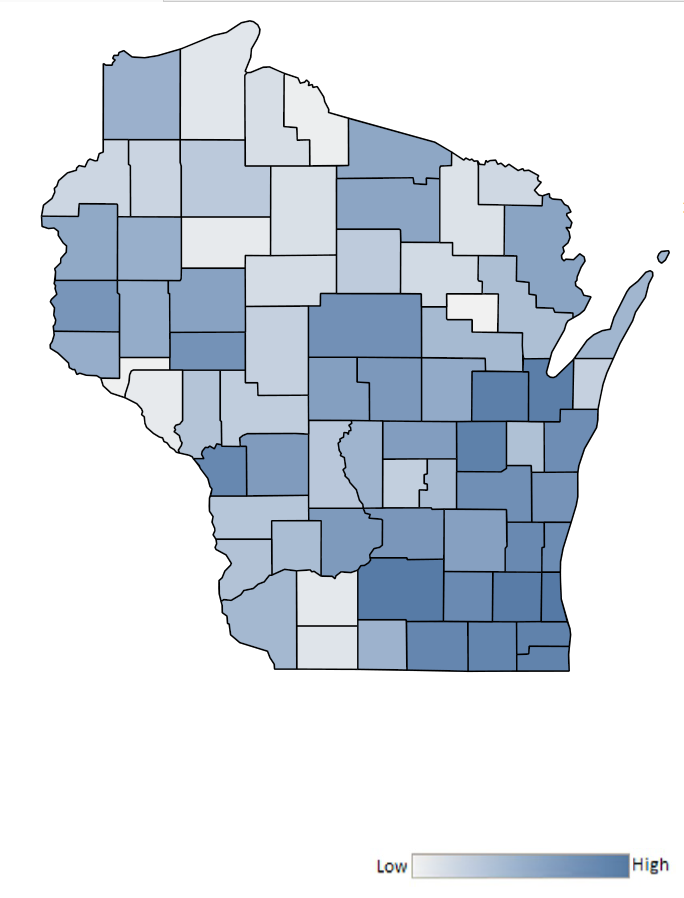 Map of Wisconsin counties indicating relative number of complaints from low to high. See attached CSV file for complaint data by jurisdiction.