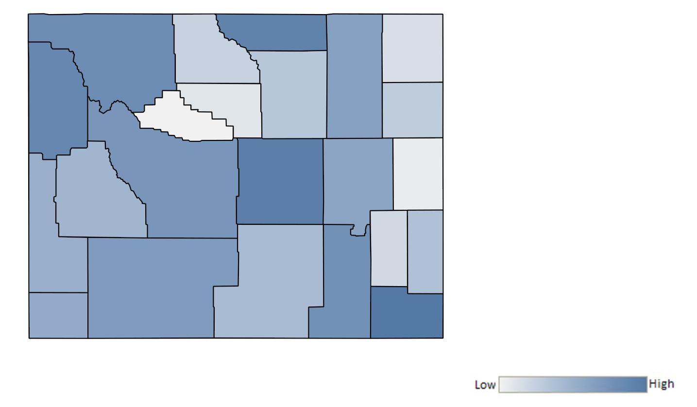 Map of Wyoming counties indicating relative number of complaints from low to high. See attached CSV file for complaint data by jurisdiction.