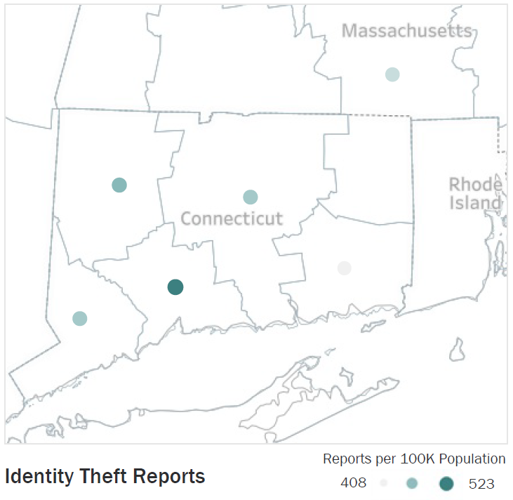 Map of Connecticut Metropolitan Statistical Areas showing number of reports per 100K population, ranging from a low of 408 to a high of 523. See attached CSV file for report data by MSA.