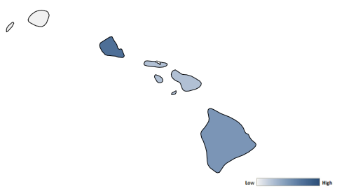 Map of Hawaii counties indicating relative number of complaints from low to high. See attached CSV file for complaint data by jurisdiction.