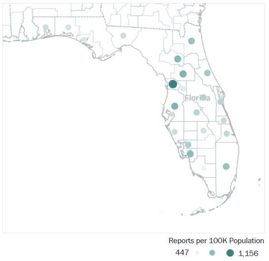 Map of Florida Metropolitan Statistical Areas showing number of reports per 100K population, ranging from a low of 447 to a high of 1,156.  See attached CSV file for report data by MSA.