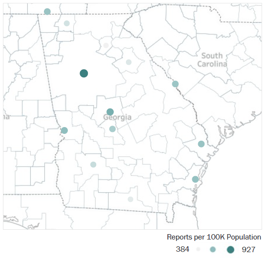 Map of Georgia Metropolitan Statistical Areas showing number of reports per 100K population, ranging from a low of 384 to a high of 927 See attached CSV file for report data by MSA.