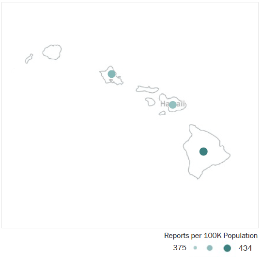 Map of Hawaii Metropolitan Statistical Areas showing number of reports per 100K population, ranging from a low of 375 to a high of 434. See attached CSV file for report data by MSA.
