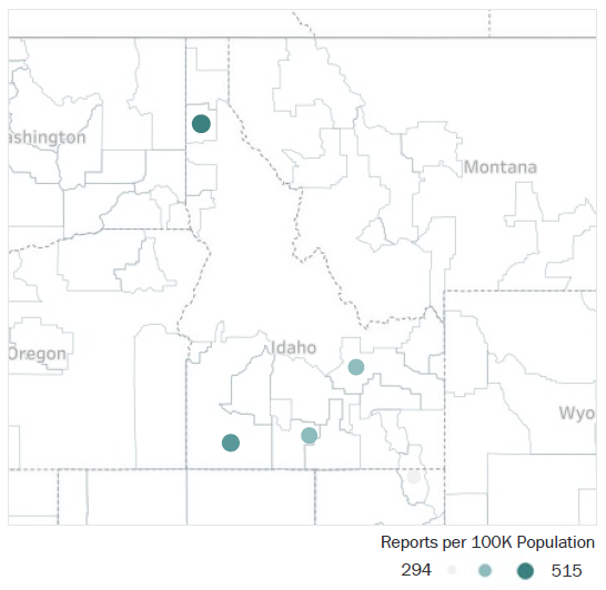 Map of Idaho Metropolitan Statistical Areas showing number of reports per 100K population, ranging from a low of 294 to a high of 515 See attached CSV file for report data by MSA.