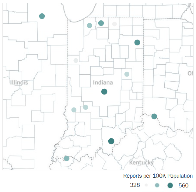 Map of Indiana Metropolitan Statistical Areas showing number of reports per 100K population, ranging from a low of 328 to a high of 560. See attached CSV file for report data by MSA.