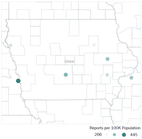 Map of Iowa Metropolitan Statistical Areas showing number of reports per 100K population, ranging from a low of 266 to a high of 445 See attached CSV file for report data by MSA.