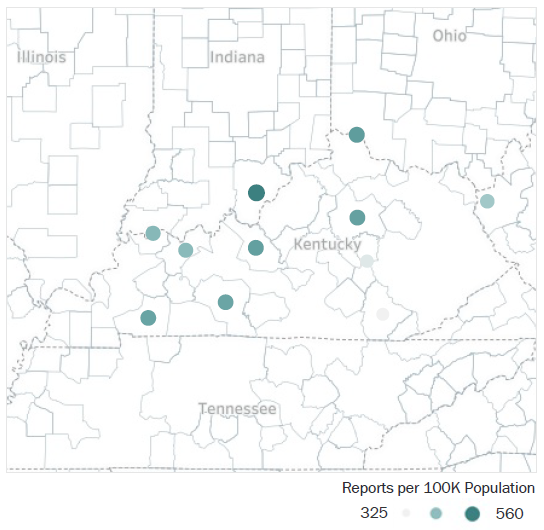 Map of Kentucky Metropolitan Statistical Areas showing number of reports per 100K population, ranging from a low of 325 to a high of 560. See attached CSV file for report data by MSA.