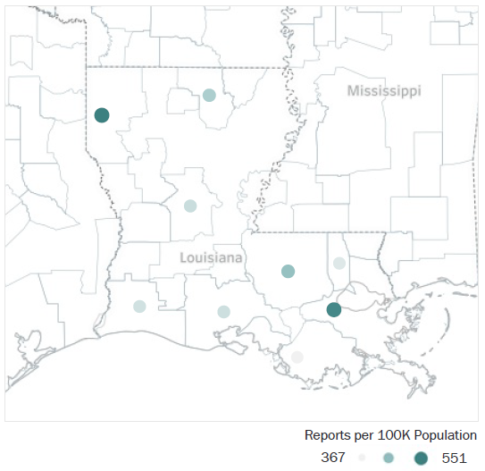 Map of Louisiana Metropolitan Statistical Areas showing number of reports per 100K population, ranging from a low of 367 to a high of 551 See attached CSV file for report data by MSA.