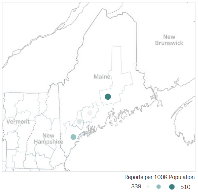 Map of Maine Metropolitan Statistical Areas showing number of reports per 100K population, ranging from a low of 339 to a high of 510.  See attached CSV file for report data by MSA.