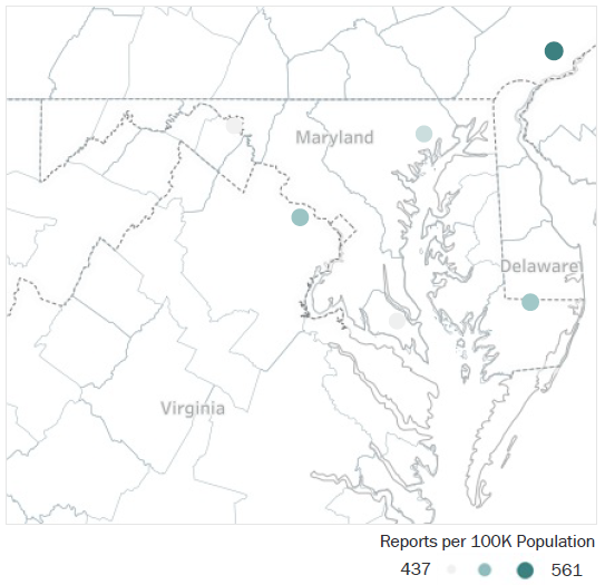 Map of Maryland Metropolitan Statistical Areas showing number of reports per 100K population, ranging from a low of 437 to a high of 561 See attached CSV file for report data by MSA.