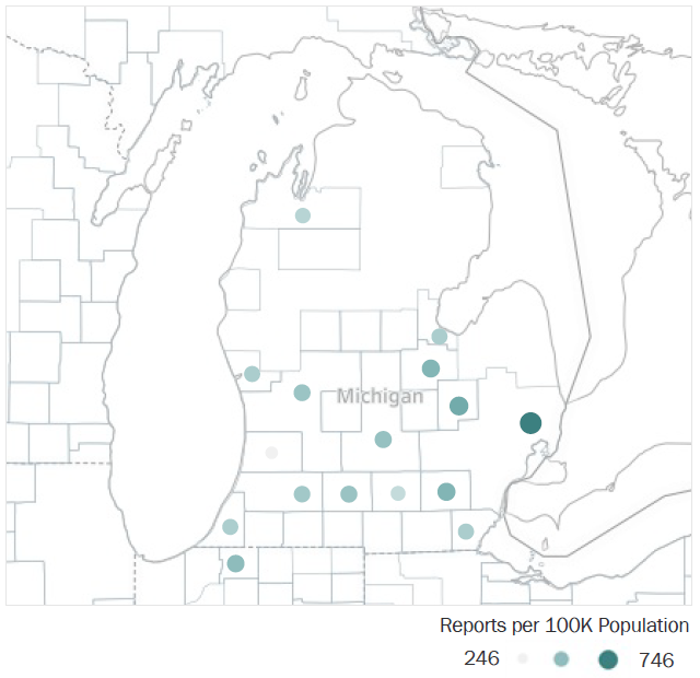 Map of Michigan Metropolitan Statistical Areas showing number of reports per 100K population, ranging from a low of 246 to a high of 746. See attached CSV file for report data by MSA.