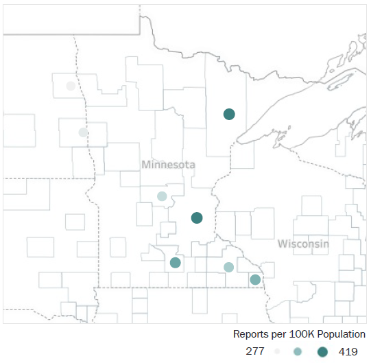 Map of Minnesota Metropolitan Statistical Areas showing number of reports per 100K population, ranging from a low of 277 to a high of 419. See attached CSV file for report data by MSA.