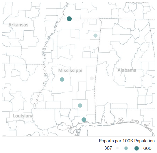 Map of Mississippi Metropolitan Statistical Areas showing number of reports per 100K population, ranging from a low of 387 to a high of 660. See attached CSV file for report data by MSA.