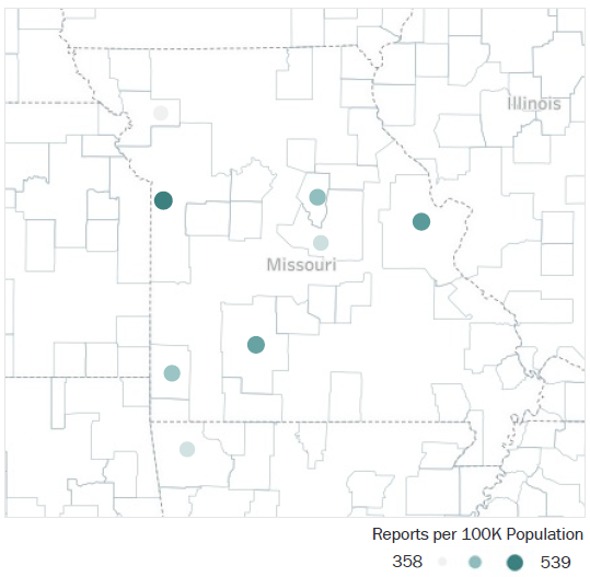 Map of Missouri Metropolitan Statistical Areas showing number of reports per 100K population, ranging from a low of 358 to a high of 539. See attached CSV file for report data by MSA.