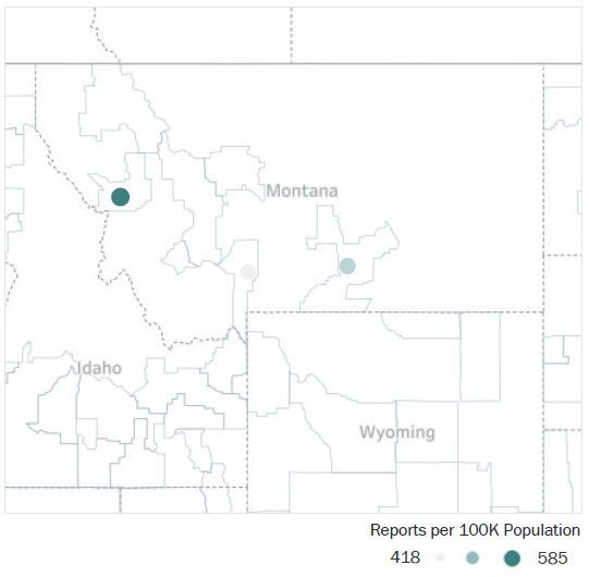 Map of Montana Metropolitan Statistical Areas showing number of reports per 100K population, ranging from a low of 418 to a high of 585 See attached CSV file for report data by MSA.