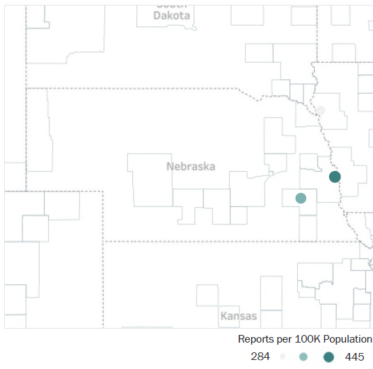 Map of Nebraska Metropolitan Statistical Areas showing number of reports per 100K population, ranging from a low of 284 to a high of 445 See attached CSV file for report data by MSA.