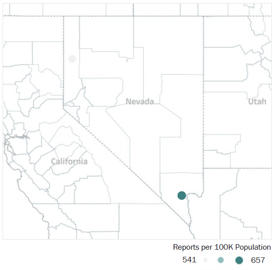 Map of Nevada Metropolitan Statistical Areas showing number of reports per 100K population, ranging from a low of 541 to a high of 657. See attached CSV file for report data by MSA.