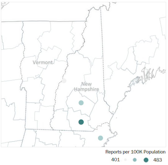 Map of New Hampshire Metropolitan Statistical Areas showing number of reports per 100K population, ranging from a low of 401 to a high of 483. See attached CSV file for report data by MSA.