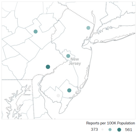 Map of New Jersey Metropolitan Statistical Areas showing number of reports per 100K population, ranging from a low of 373 to a high of 561. See attached CSV file for report data by MSA.