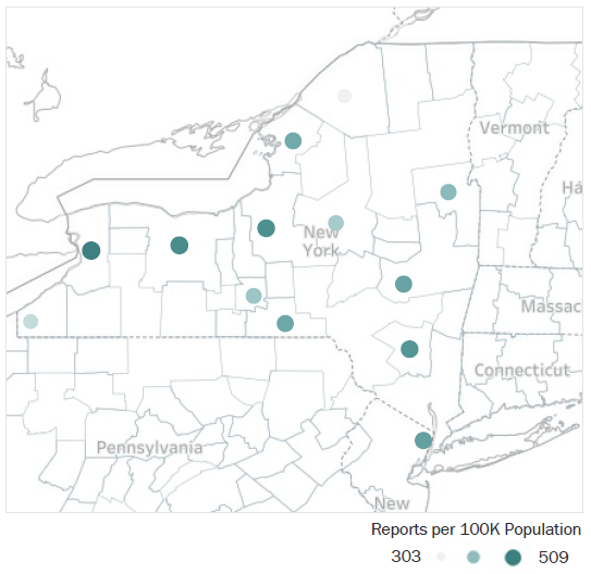 Map of New York Metropolitan Statistical Areas showing number of reports per 100K population, ranging from a low of 303 to a high of 509. See attached CSV file for report data by MSA.