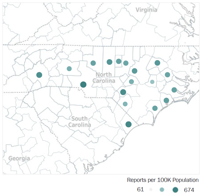 Map of North Carolina Metropolitan Statistical Areas showing number of reports per 100K population, ranging from a low of 61 to a high of 674. See attached CSV file for report data by MSA.
