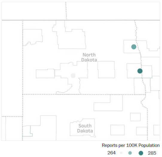 Map of North Dakota Metropolitan Statistical Areas showing number of reports per 100K population, ranging from a low of 264 to a high of 285. See attached CSV file for report data by MSA.