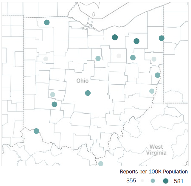 Map of Ohio Metropolitan Statistical Areas showing number of reports per 100K population, ranging from a low of 355 to a high of 581. See attached CSV file for report data by MSA.