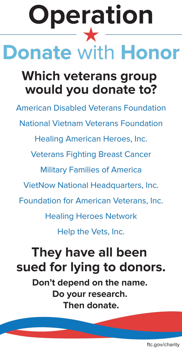 Operation Donate with Honor - Which veterans group would you donate to?  American Disabled Veterans Foundation, National Vietnam Veterans Foudnation, Healing American Heroes, Inc., Veterans Fighting Breast Cancer, Military Families of America, VietNow National Headquarters, Inc., Foundation for American Veterans, Inc., Healing Heroes Network, Help the Vets, Inc. They have all been sued for lying to donors. Don't depend on the name. Do your research. Then donate.